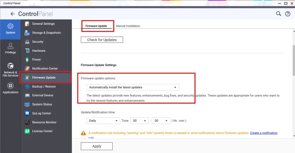 Enable Qnap Automatic Firmware Updates